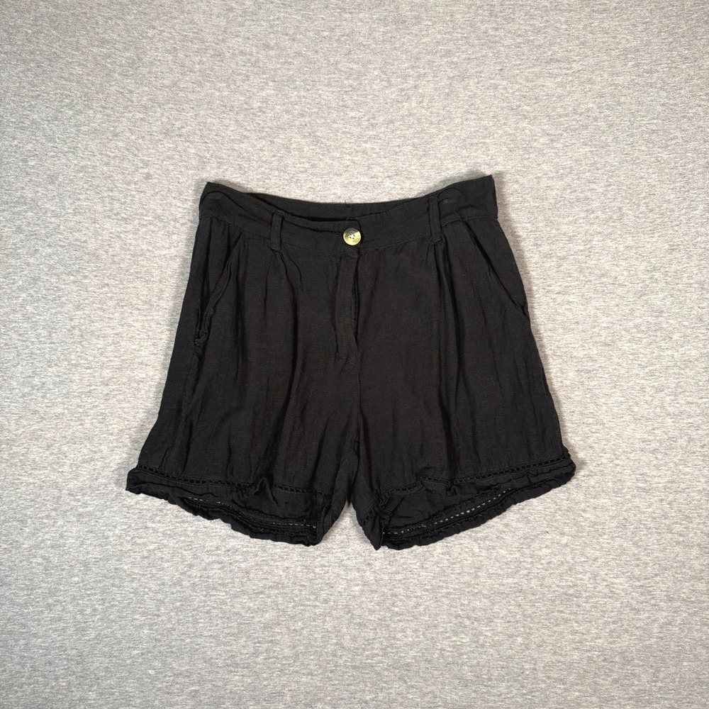Audrey Lane Black Linen Blend Pleated Eyelet Lace Trim Ruffle Hem Shorts Small